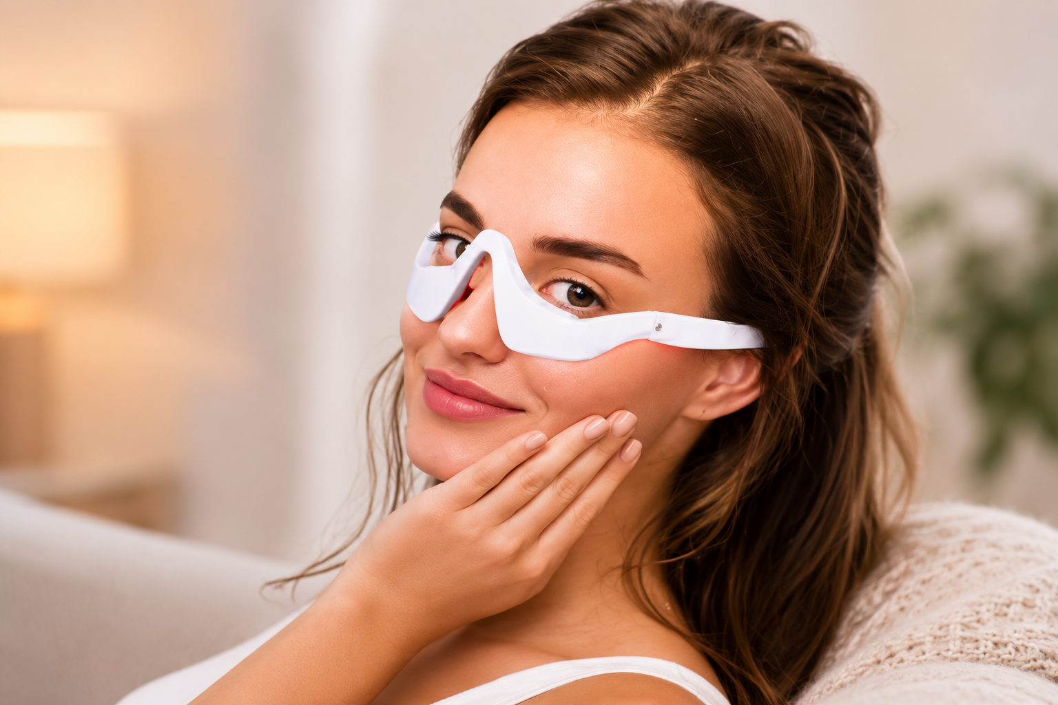 Woman wearing Revital Eyes™ Red Light Therapy Eye Mask at home.