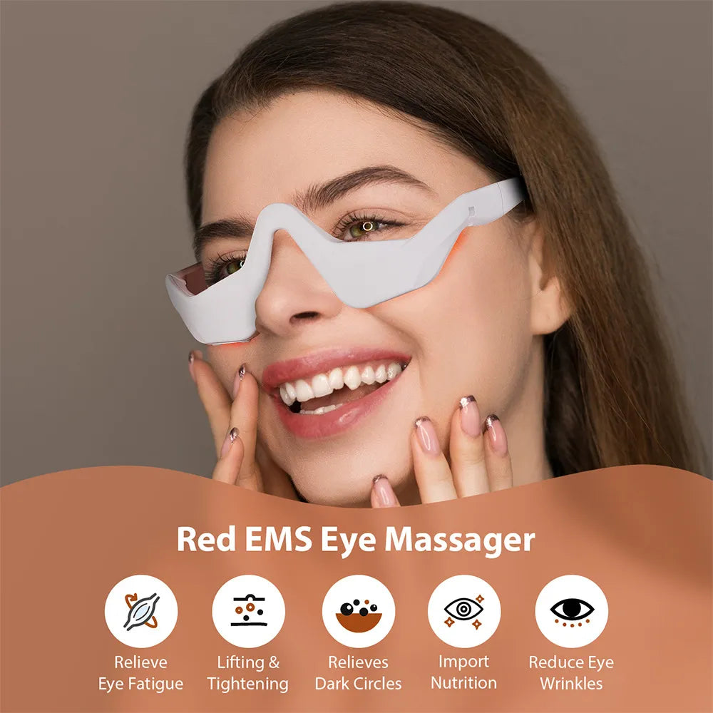 Woman wearing RevitalEyes™ red light therapy eye mask to reduce dark circles, eye fatigue and fine lines