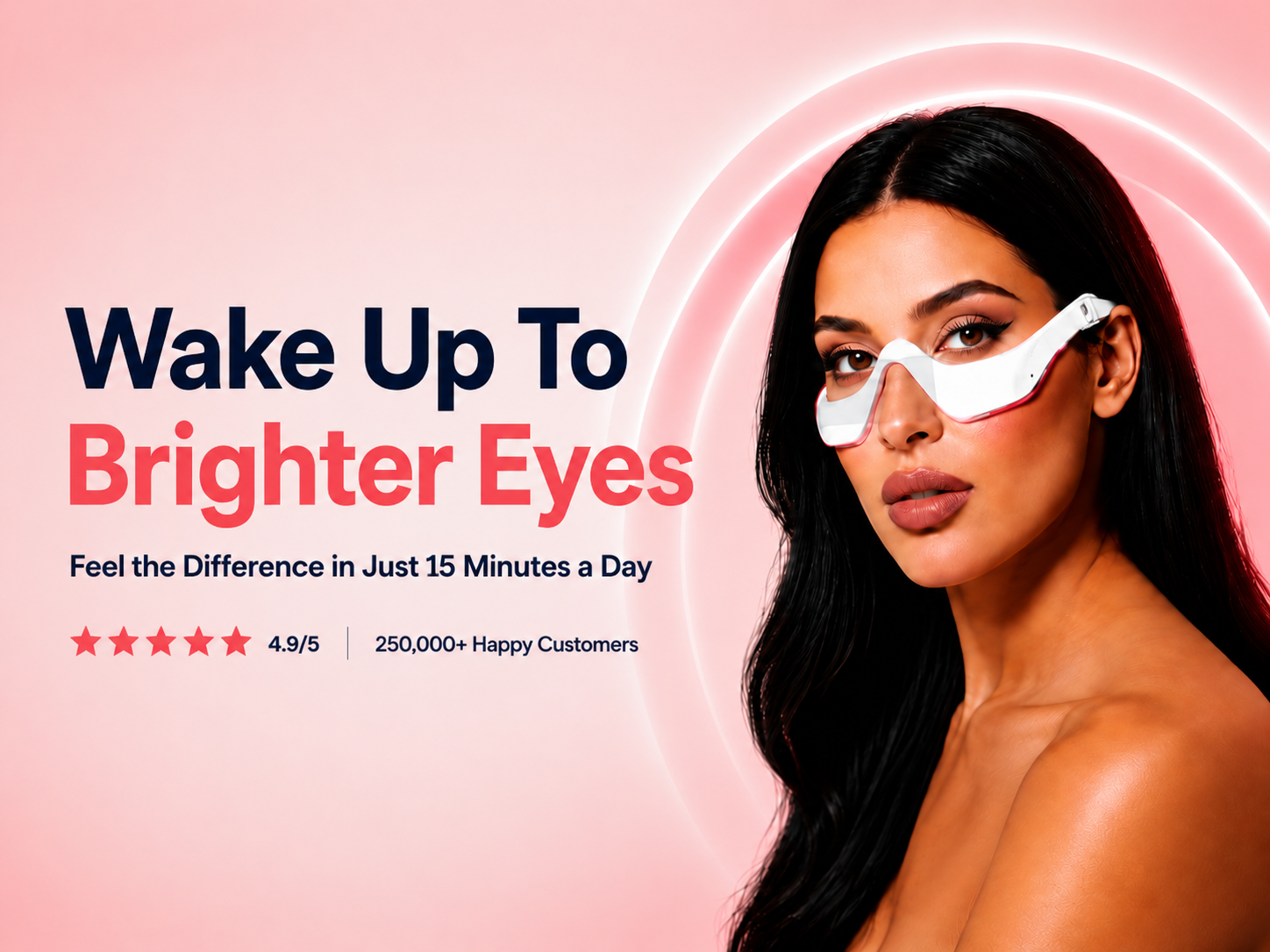 Woman wearing RevitalEyes™ red light therapy eye mask for brighter eyes