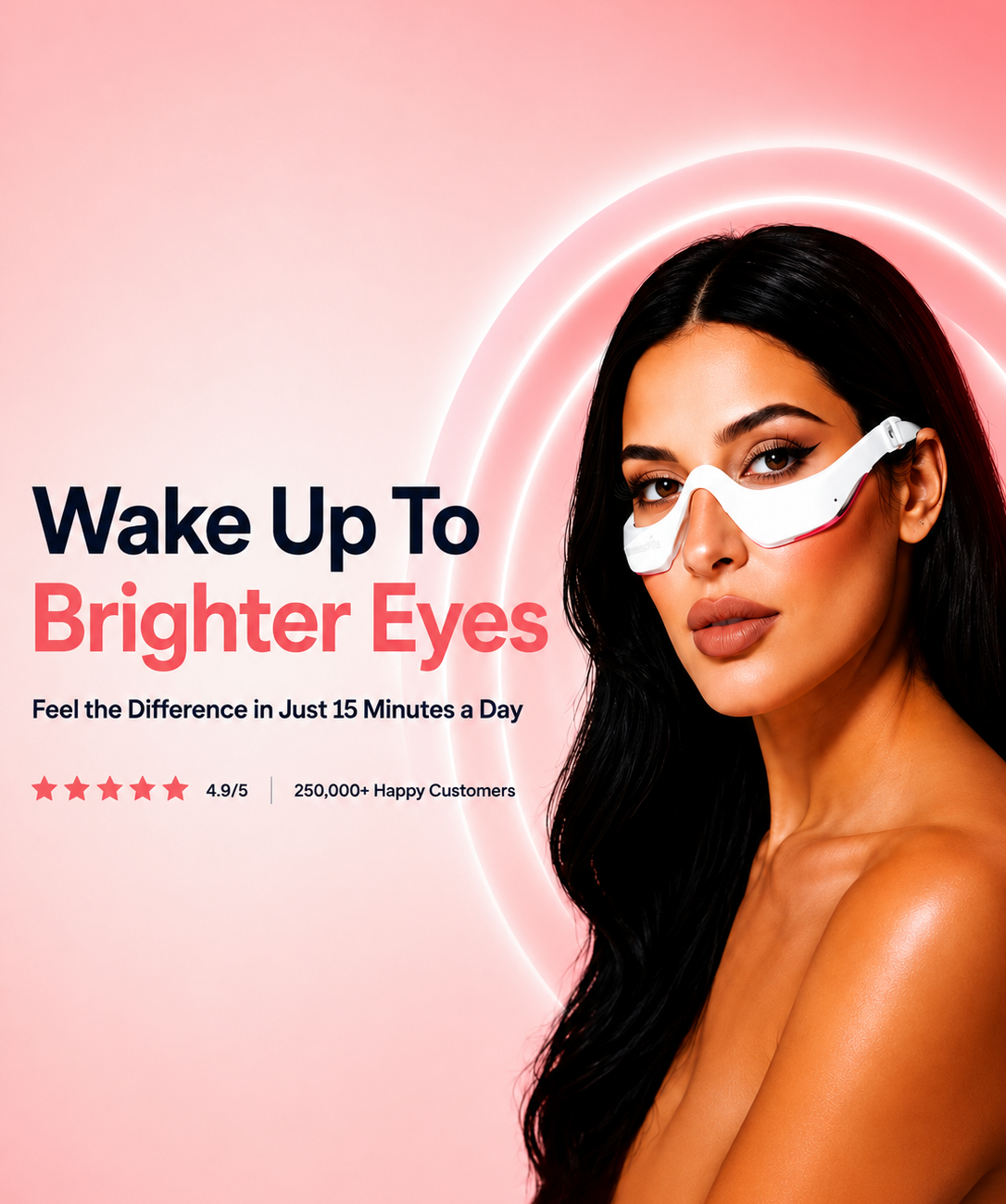 Woman wearing RevitalEyes™ red light therapy eye mask for brighter eyes